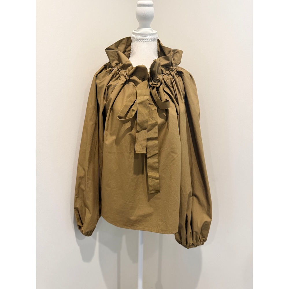 Free Assembly Womens Small Brown Ruffle Tie Neck Balloon Sleeve Blouse Top